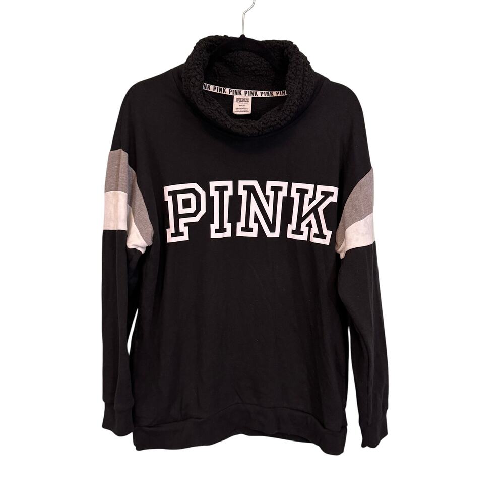Pink Victoria's Secret Sweatshirt Medium Black Cowl Neck Fleece Pullover Y2K